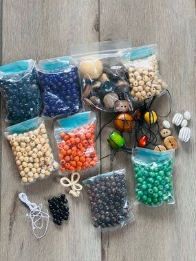 Assorted Craft Beads Bundle in Natural, Green, Orange, Blue & Black